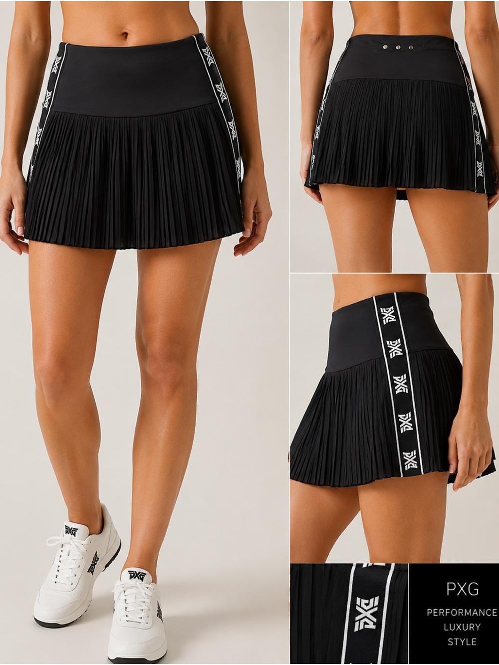 PXG Black Pleated Golf Skirt with White Logo Side Tape